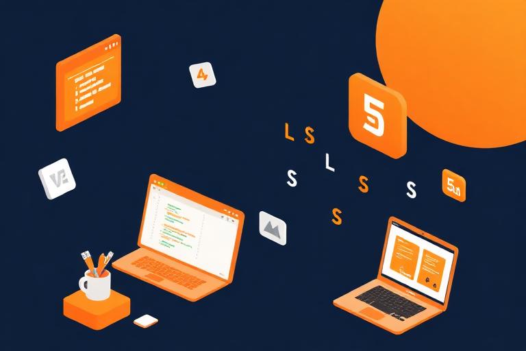Orange web development illustration with laptops and code