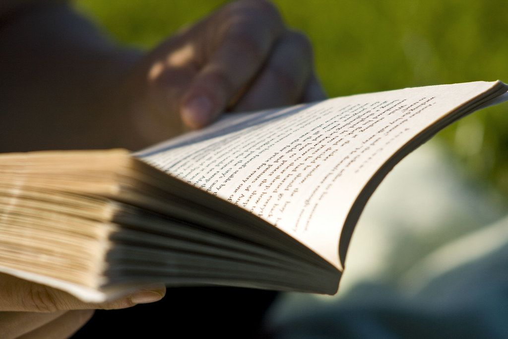 Close-up of an open book being read, representing academic research